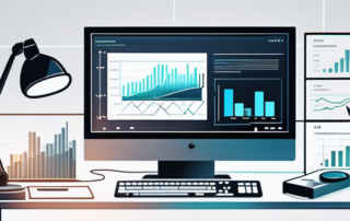 Moderne Arbeitsplatzgestaltung mit Computer, der Grafiken und Datenanalysen zeigt, betont die Nutzung von KI-Technologie zur Verbesserung von Textstrukturierungsaufgaben in einer effizienten und einfachen Umgebung.