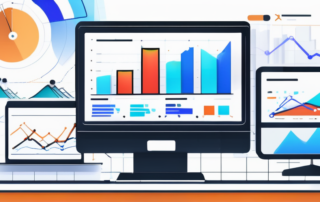 Detailliertes Diagramm mit Aufwaertstrends und Analysepunkten, Icons fuer digitales Marketing wie SEO, Social Media und E-Mail-Marketing, Laptop, Tablet und Smartphone zeigen Webanalyse-Dashboards, moderne Technologien zur Optimierung der Konversionsraten.