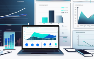 Moderner, eleganter Arbeitsplatz mit leistungsstarkem Laptop, offen zu Analyse-Daten, umgeben von Diagrammen und Grafiken zur Steigerung der Konversionsraten, helles, indirektes Licht und organisierte Umgebung foerdern Produktivitaet und Konzentration.