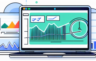 Moderner, schlanker Laptop mit Diagrammen und Analysetabellen auf dem Bildschirm, zeigt den Einfluss erfolgreicher Online-Marketingstrategien durch SEO in einem hellen, professionellen Arbeitsbereich.