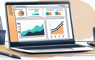 Organisierter Arbeitsplatz mit Laptop, geoeffneten Grafiken und Analysen, Notizblock, Stift und Kaffeetasse, ideal fuer Strategieentwicklung zur Steigerung der Konversionsraten.