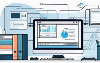 Moderne, minimalistische Arbeitsstation mit Dual-Screen-Computer, SEO-Buechern, Notizblock mit strategischen Notizen und digitalen Marketingtools.