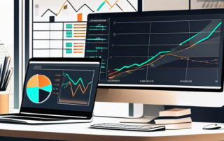 Organisierter Arbeitsplatz mit Computer, der Diagramme und Analysen anzeigt, umgeben von Notizen und Buechern zur strategischen Planung, professionelles Umfeld zur Steigerung der Konversionsraten, helle Beleuchtung unterstreicht methodischen, datengesteuerten Marketingansatz.