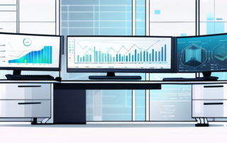 Moderner Arbeitsplatz mit High-Tech-Computeranlage und mehreren Bildschirmen, die Diagramme und Datenanalysen anzeigen, zur Darstellung der komplexen Textumformulierung mittels KI-Technologie, professionelles Ambiente mit sanfter Beleuchtung und zeitgenoessischem Buero-Mobiliar.