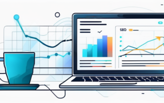 Moderne Arbeitsplatzgestaltung mit Laptop, der Diagramme und Analysen zeigt, umgeben von Notizen und einer Tasse Kaffee, fokussiert auf SEO-Optimierungsstrategien, in hellem, indirektem Licht.