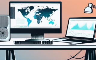 Moderne Arbeitsstation mit zwei Monitoren, die Grafiken und Codeausschnitte anzeigen, umgeben von innovativen Technik-Gadgets, zeigt die transformative Integration von KI in Textbearbeitungsprozesse.