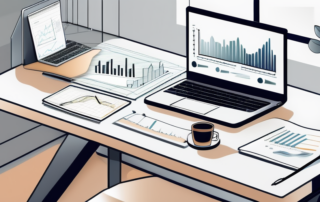 Moderner Arbeitsplatz mit Laptop, der Diagramme und Analyse-Software zeigt, umgeben von Notizen und Kaffee, symbolisch fuer professionelle Webseiten-Optimierung.