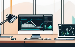 Modernes Buero-Setup mit Computer, der Diagramme und Code zeigt, zur Darstellung von KI-Integration fuer Effizienz am Arbeitsplatz, umgeben von digitalen Geraeten und offenen Notizbuechern, die auf technologischen Fortschritt und Innovation hinweisen.