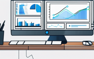 Moderne Buero-Umgebung mit Computerbildschirm, der Diagramme und Analysetools zur Optimierung von Konversionsraten zeigt, ergaenzt durch Notizblock, digitale Geraete und eine Tasse Kaffee.