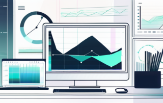 Moderne, minimalistische Bueroeinrichtung mit Computerbildschirm, der Diagramme und Datenanalysesoftware zeigt, betont AI-Integration in der Inhaltsverwandlung, ergaenzt durch zeitgenoessische Bueroaccessoires und eine ruhige Farbpalette.