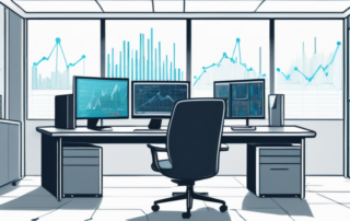 Moderne Bueroeinrichtung mit fortschrittlichen technologischen Geraeten und Bildschirmen, die Datenanalysen zeigen, symbolisiert eine ausgefeilte KI-Einrichtung zur Produktivitaetssteigerung.