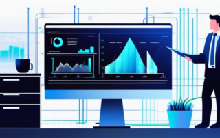 Modernes, minimalistisches Buero mit High-Tech-Computer, der Diagramme und Datenanalysetools zeigt, verwendet fuer effizientes Textparaphrasieren mit KI.