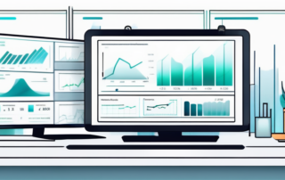 Modernes Computer-Setup mit Analyse-Graphen auf dem Bildschirm in einem professionellen Arbeitsplatz mit digitalen Marketing-Tools.