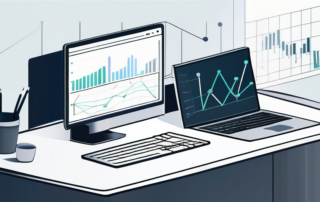 Moderne Computerarbeitsplatz mit offenem Laptop, Wachstumskurven und Marketing-Analysewerkzeugen zur Webseitenoptimierung