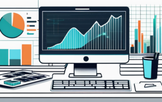 Digitale Geraete mit Diagrammen und Analytiken in einem modernen Buero, umgeben von Rechenmaschinen und Notizbuechern, zeigen Strategien zur Steigerung der Konversionsraten.