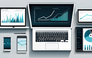 Klarer, organisierter Arbeitsplatz mit modernen digitalen Geraeten, die Diagramme und Analysen zeigen, fokussiert auf datengetriebene Strategien zur Steigerung der Konversionsraten, vor einem Hintergrund in professionellen, dezenten Toenen.