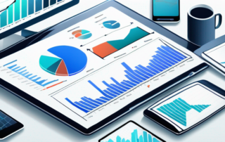 Digitale Geraete wie Tablets und Smartphones zeigen Diagramme und Grafiken fuer Marketingstrategien und Wettbewerbsanalyse im Business.