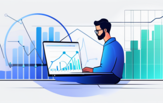 Person analysiert Daten-Diagramme auf Laptop-Bildschirm mit einem Hintergrund, der digitale Optimierung betont, ideal fuer Online-Präsenz-Verbesserung durch SEO-Strategien.