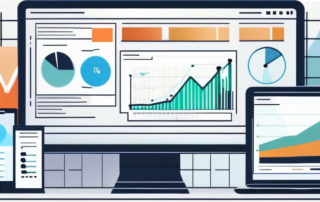 Computerbildschirm mit Grafiken und Analysedaten zur Leistungsmessung im digitalen Marketing, umgeben von Marketingbuechern und Notizen.