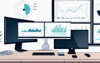 Digitaler Grafikdesign-Arbeitsplatz mit zwei Monitoren, die Diagramme und kreative Softwarewerkzeuge zeigen, betont eine moderne Marketingumgebung mit Fokus auf KI-generierte Bilder.