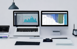 Minimalistisches digitales Arbeitsumfeld mit Laptop, analytischen Diagrammen, Notizbuechern und Stiften fuer SEO-Keyword-Recherche.