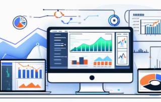 Digitales Marketing-Arbeitsumfeld mit verschiedenen Geraeten, die Grafiken, Analysen und Leistungskennzahlen zur Optimierung der Konversionsraten anzeigen.