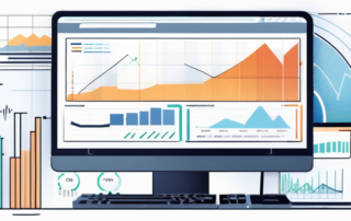 Moderne Computerarbeitsplatz mit Marketing-Analysetools und Aufwaertstrends in Engagement-Metriken, umgeben von SEO-Symbolen und Social-Media-Diagrammen.