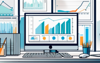 Moderner Arbeitsplatz mit Computer, der Diagramme und Analyse-Daten zeigt, umgeben von digitalen Marketing-Tools in einem hellen Buero. Optimierung und strategische Planung zur Steigerung der Konversionsraten.