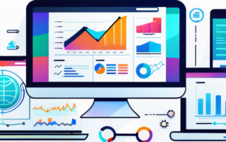 Digitale Geraete zeigen Diagramme und Analysen, umgeben von Symbolen fuer SEO-Strategien wie Keywords und Backlinks, in einem sauberen Layout mit leuchtenden Farben zur Steigerung der Online-Sichtbarkeit.