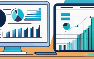 Klarer Grafik mit Aufwaertstrend und Analyse-Daten, digitale Marketing-Tools wie Taschenrechner, Notizblock und Diagramme zur Steigerung der Konversionsraten in einem ordentlichen Buero.