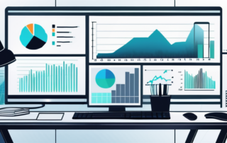 Moderner Arbeitsplatz mit einem Computer, der Diagramme und Grafiken zu kuenstlicher Intelligenz zeigt, umgeben von Buerozubehoer, das Produktivitaet und Technologie betont.