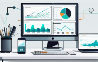 Moderner Arbeitsplatz mit Computer, der Grafiken und Analysen anzeigt, Textumwandlung durch KI-Technologie, digitale Geraete und Notizen, produktive technikorientierte Umgebung.