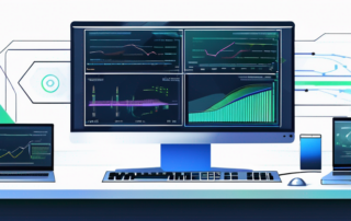 Moderne Computeranlage mit zwei Monitoren, die Grafiken und Code anzeigen, betont die Leistung von KI in der Textumwandlung und zeigt einen produktiven, technologisch fortgeschrittenen digitalen Arbeitsplatz.