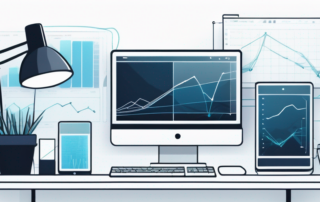 Moderner Arbeitsplatz mit High-Tech-Geraeten und Grafiksoftware fuer die Erstellung von KI-generierten Bildern.