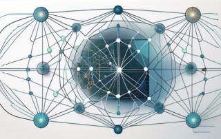 Komplexes Netzwerk fuer kuenstliche Intelligenz mit verbundenen Knoten und Datenstroemen, symbolisiert transformative Kraft der KI in Textumwandlung.