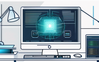 Moderne Computeranlage mit fortschrittlicher Software fuer Textparaphrasierung durch kuenstliche Intelligenz in einem eleganten Buero.