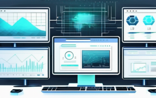 Moderne Computeranlage mit kuenstlicher Intelligenz, mehrere Bildschirme und Hightech-Umgebung fuer Textverarbeitung und AI-Entwicklung.