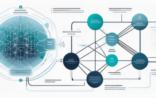 Komplexes Netzwerk neuronaler Verbindungen symbolisiert die Kraft der KI, Flussdiagramm zeigt Strategien zur Textumformulierung, Spiegelung des technologischen Einflusses auf Inhaltsentwicklung.