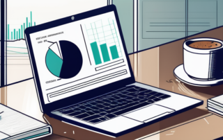 Moderner Laptop zeigt Grafiken und Analysen zur Textverbesserung auf einem sauberen Arbeitsplatz, umgeben von Notizen und einer Kaffeetasse, Symbol fuer Produktivitaet und technologiegestuetzte Inhalterstellung.