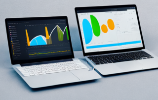 Moderner Schreibtisch mit Laptop, zeigt Analytics-Dashboard mit Diagrammen, symbolisiert erfolgreiche SEO-Strategien.