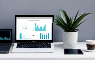 Moderner Laptop mit Performance-Analysen-Dashboard auf minimalistischer Schreibtisch mit Pflanze und Kaffeetasse.