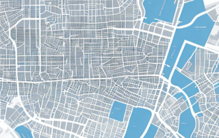 Luftaufnahme einer Stadt mit hervorgehobenen Geschaeftslokationen und Suchsymbolen fuer lokale Suchmaschinenoptimierung.