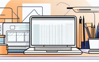 Moderner, heller Arbeitsplatz mit Laptop, Notizbuch und Stift auf einem Schreibtisch, umgeben von verschiedenen kreativen und organisatorischen Werkzeugen.