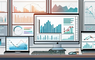 Modernes Arbeitsplatz-Setup mit Computer, der Diagramme zur Datenanalyse zeigt, betont Einsatz von KI fuer Texttransformation, umgeben von digitalen Geraeten und Notizen.