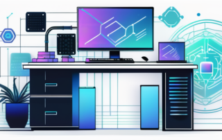 Modernes Arbeitsplatz-Setup mit High-Tech-Computer, fortgeschrittene Software-Tools, Symbole fuer kuenstliche Intelligenz und Datenwandlung.