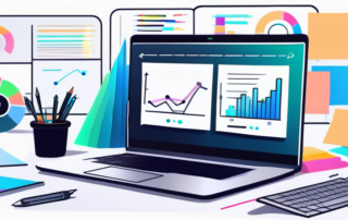 Moderner Arbeitsplatz mit schlankem Laptop, der Grafiken und Diagramme anzeigt, umgeben von bunten Haftnotizen und kreativen Brainstorming-Tools, die AI-gesteuerte Texttransformationsprozesse darstellen.