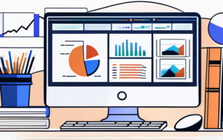 Moderner Arbeitsplatz mit Computer, der Diagramme und Datenanalyse-Software anzeigt, umgeben von Notizen und Buechern ueber digitales Marketing, betont die strategische Herangehensweise an die SEO-Optimierung.