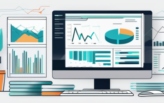 Organisierter Arbeitsplatz mit modernem Computer, der Diagramme und Analysedaten anzeigt, umgeben von Marketingnotizen und SEO-Konzeptdiagrammen fuer strategische Online-Sichtbarkeit.