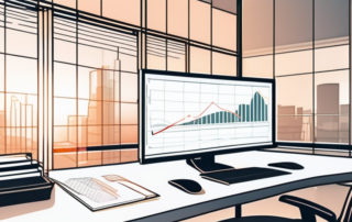 Modernes, minimalistisches Buero mit Computer, der Diagramme und Analysen anzeigt, beleuchtet durch natuerliches Licht, betont produktive Umgebung fuer KI-gesteuertes Text-Paraphrasieren.