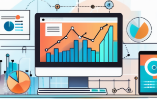 Grafik mit Aufwaertstrends und statistischen Daten, Symbole fuer digitale Marketingwerkzeuge, professioneller Arbeitsplatz mit Computer und Analyse-Software.